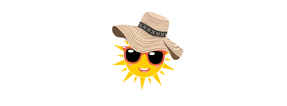 The sun is wearing a straw hat and sunglasses.