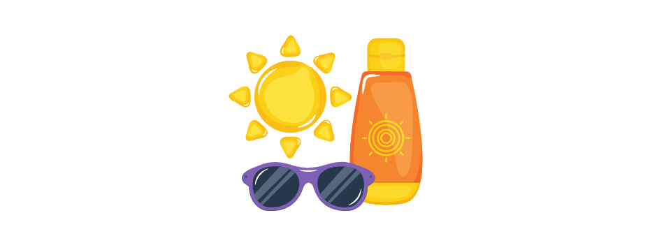 A sun , sunglasses , and a bottle of sunscreen.