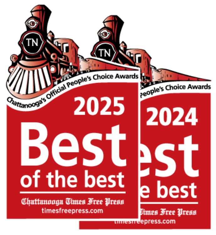 Overlapping 2025 and 2024 Best of the Best Chattanooga Times Free Press awards logos, red and white