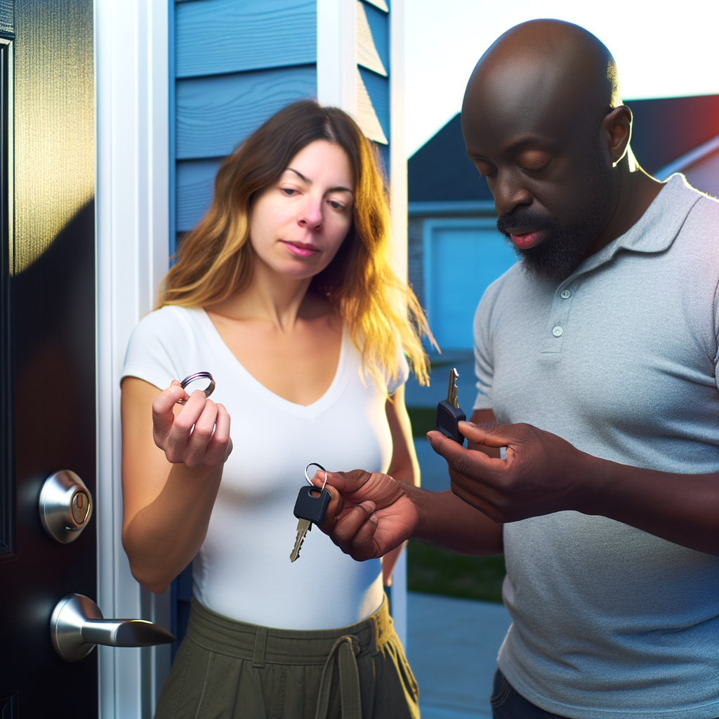 Un homme et une femme se tiennent devant une porte et regardent des clés