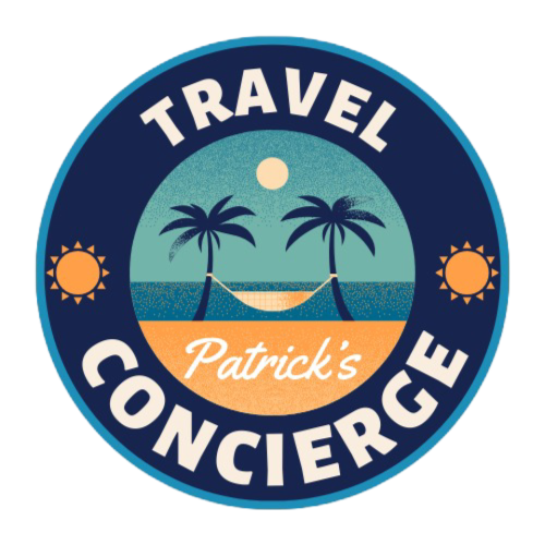 Patrick 's travel concierge logo with palm trees on the beach