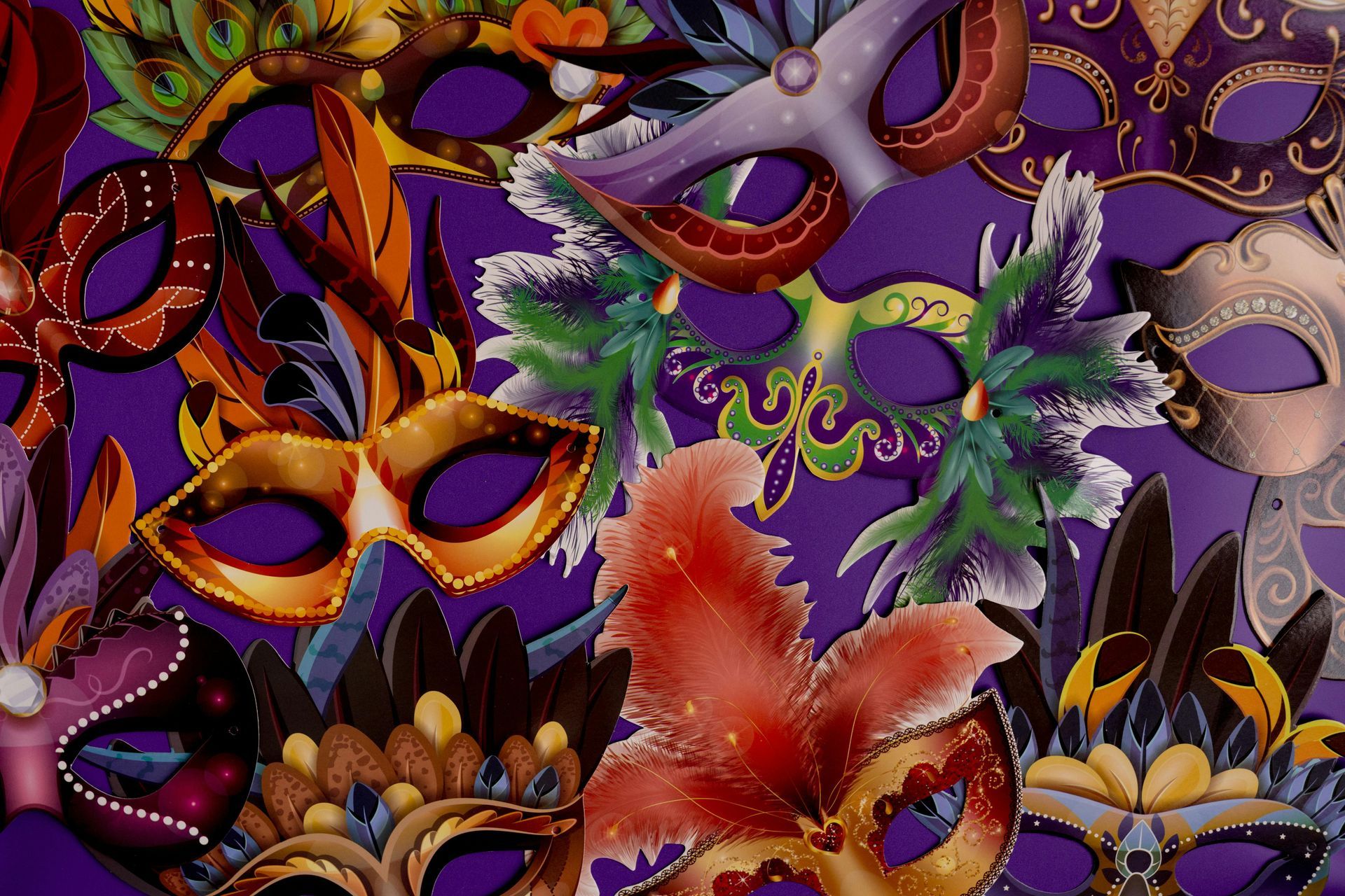 A bunch of colorful masks on a purple background