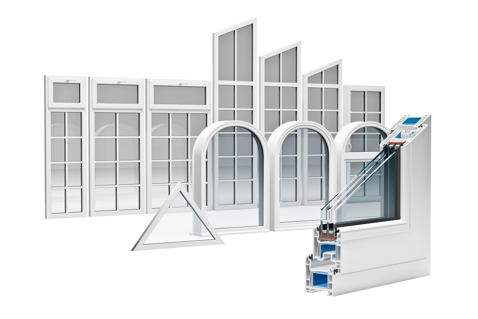 Finestre in vinile bianco di varie forme e dimensioni, una sezione ne mostra la sezione trasversale.