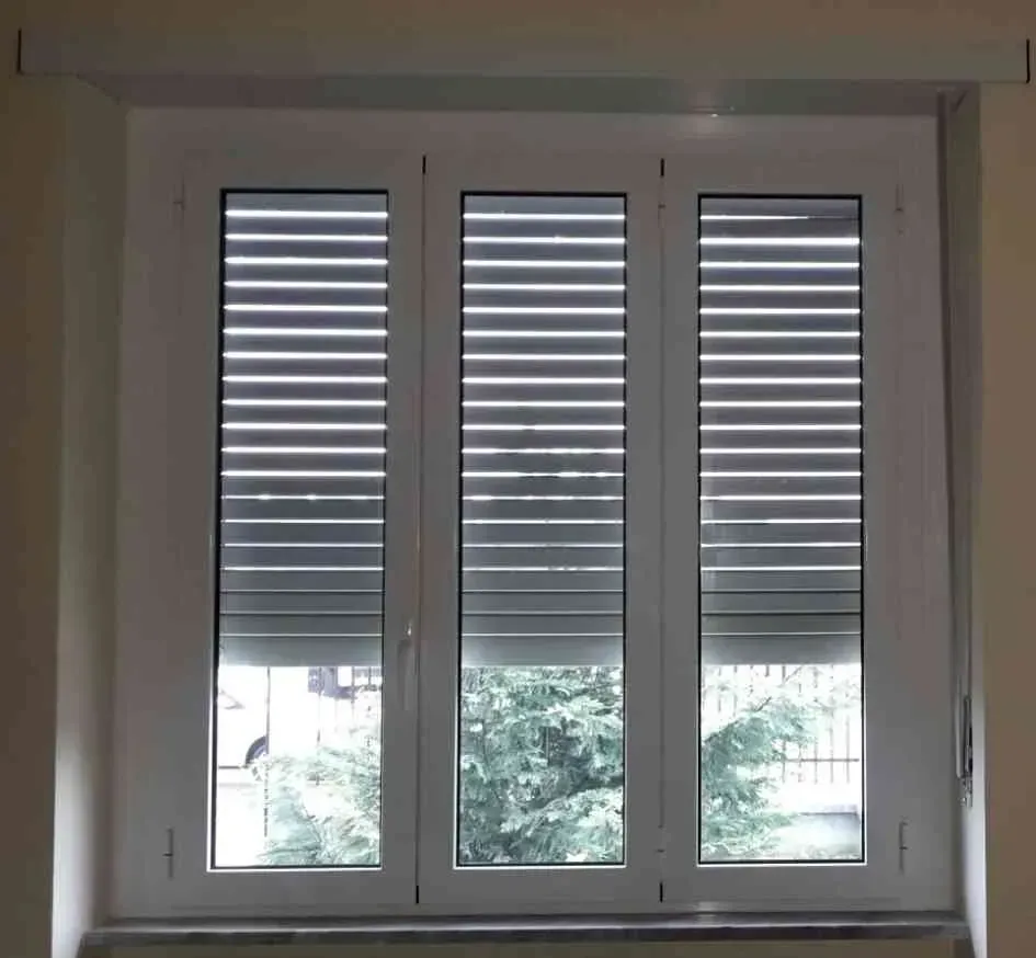 Finestra a triplo vetro con persiane grigie chiuse; telaio bianco. Vista sul verde esterno attraverso la finestra.