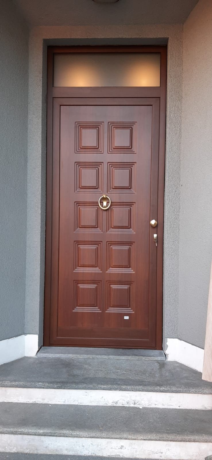 Porta d'ingresso marrone con pannelli decorativi, batacchio in ottone e traversa in vetro smerigliato.