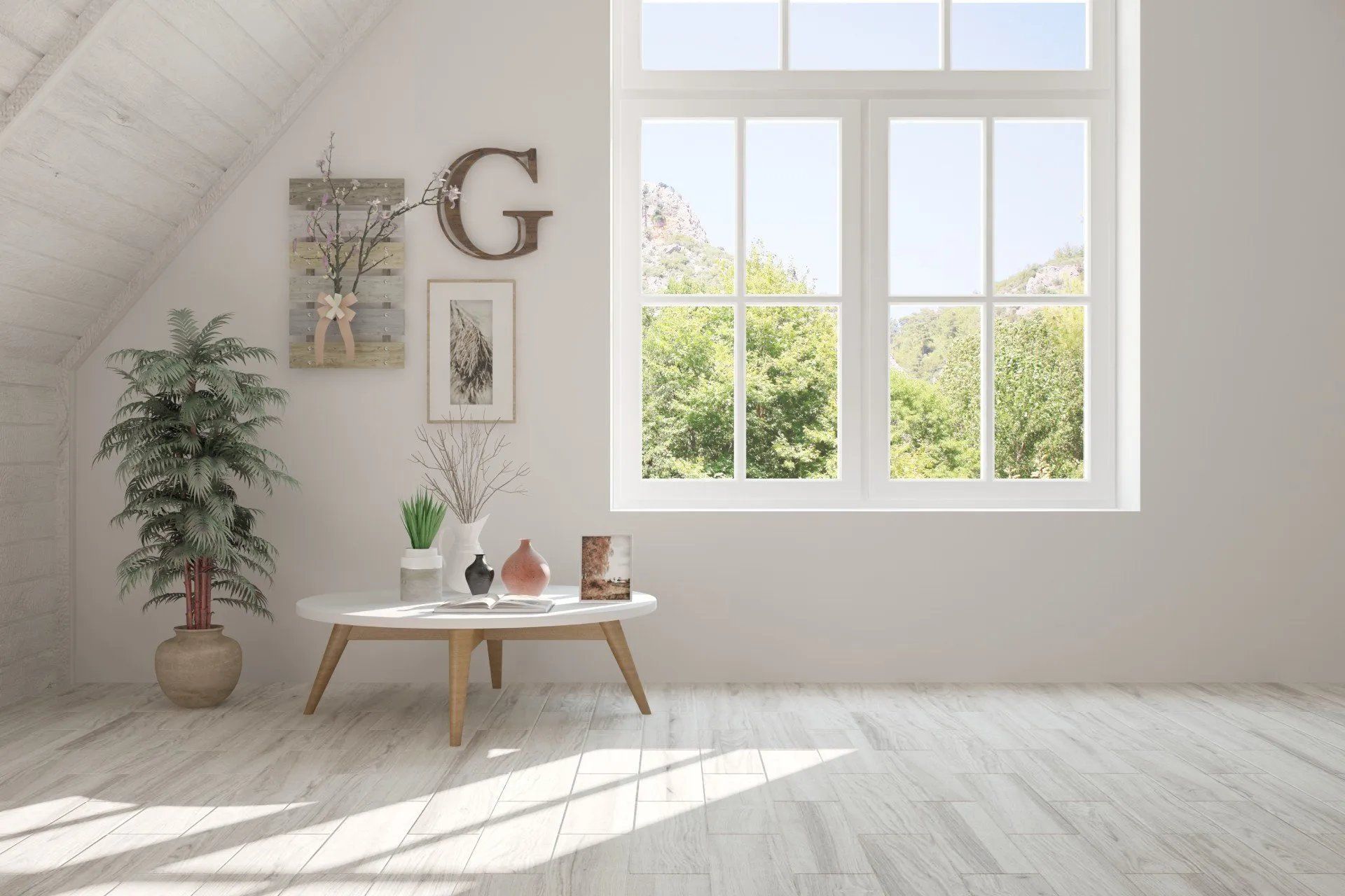 Stanza bianca e luminosa con finestra, decorata