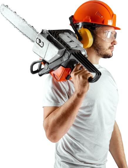 a man wearing a hard hat and holding a chainsaw