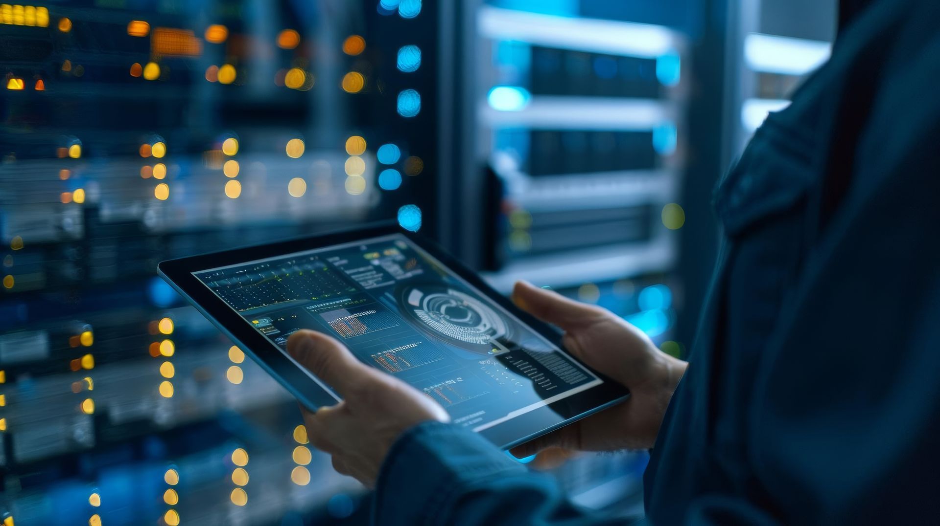 A man is holding a tablet in a server room.