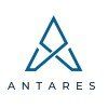 The logo for antares is a blue triangle with a cross in the middle.