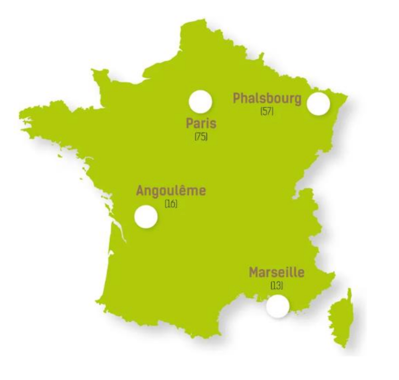 Carte de France avec les villes indiquées : Paris, Phalsbourg, Angoulême et Marseille.