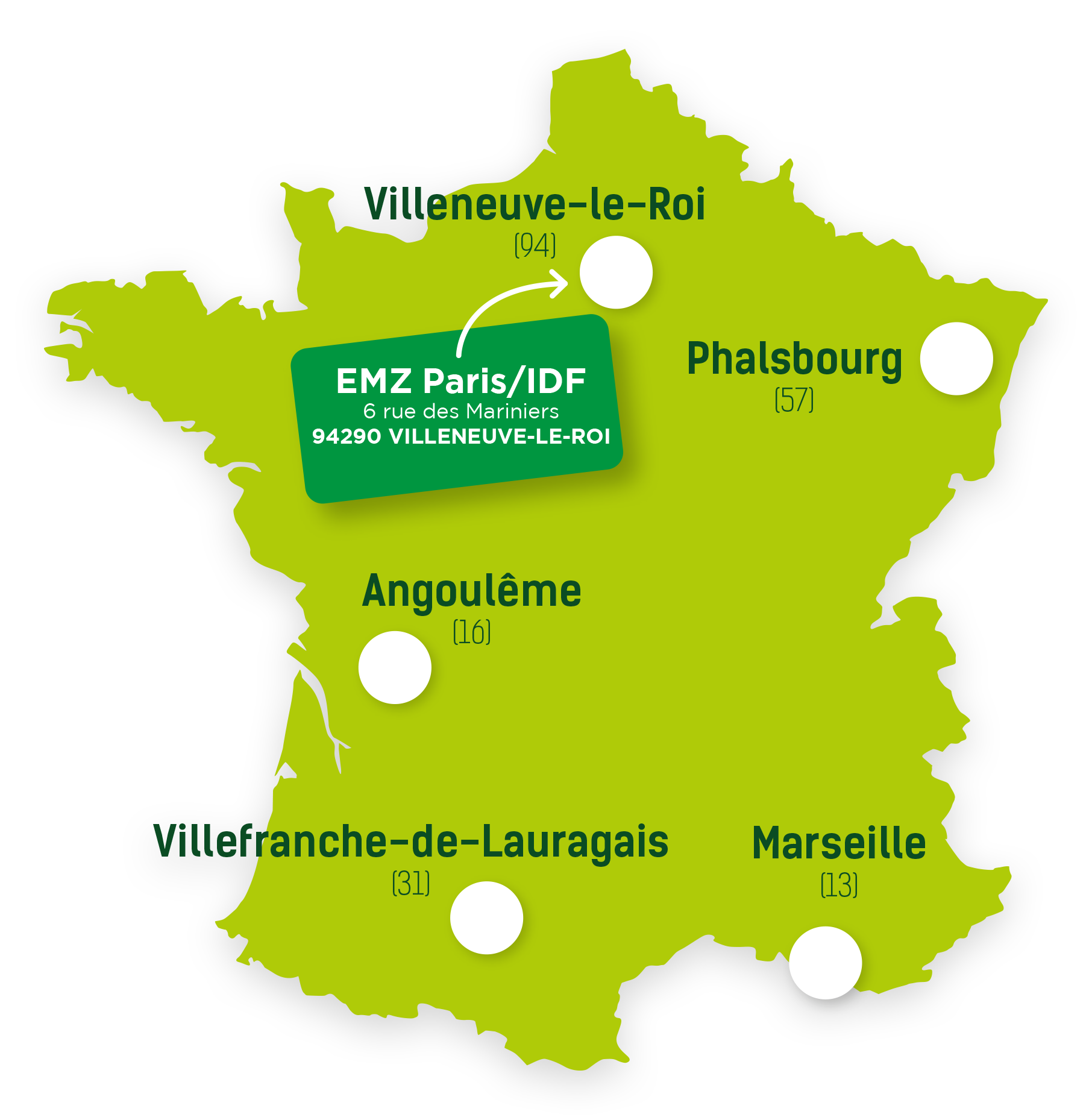 Carte de France avec les villes indiquées : Paris, Phalsbourg, Angoulême et Marseille.