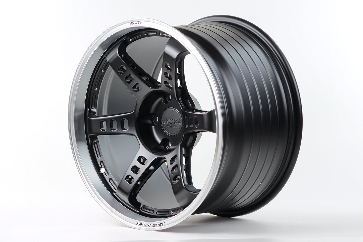 Black and silver alloy car wheel with five spokes.