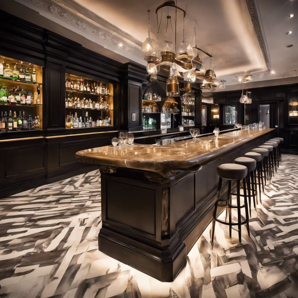 A long bar in a restaurant with stools and bottles on shelves