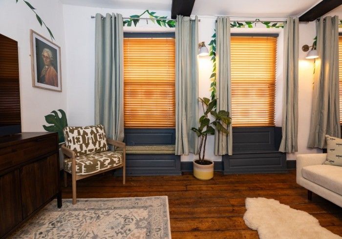 A living room with a couch a chair and a plant