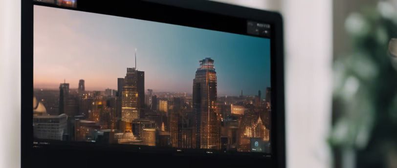 A laptop computer is sitting on a table with a city skyline on the screen.