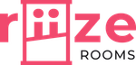 A pink and white logo for rize rooms.