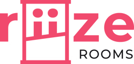 A pink and white logo for rize rooms.