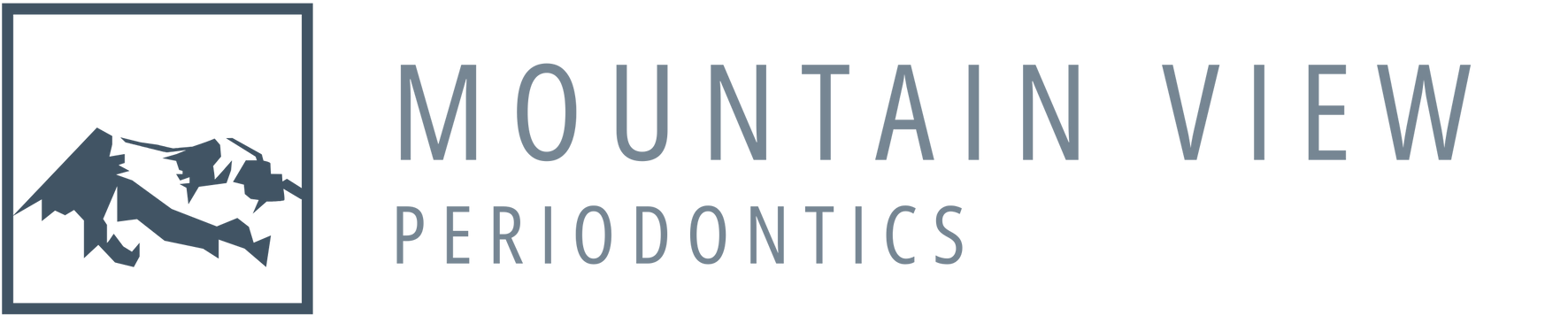 A logo for mountain view periodontics with a mountain in the background