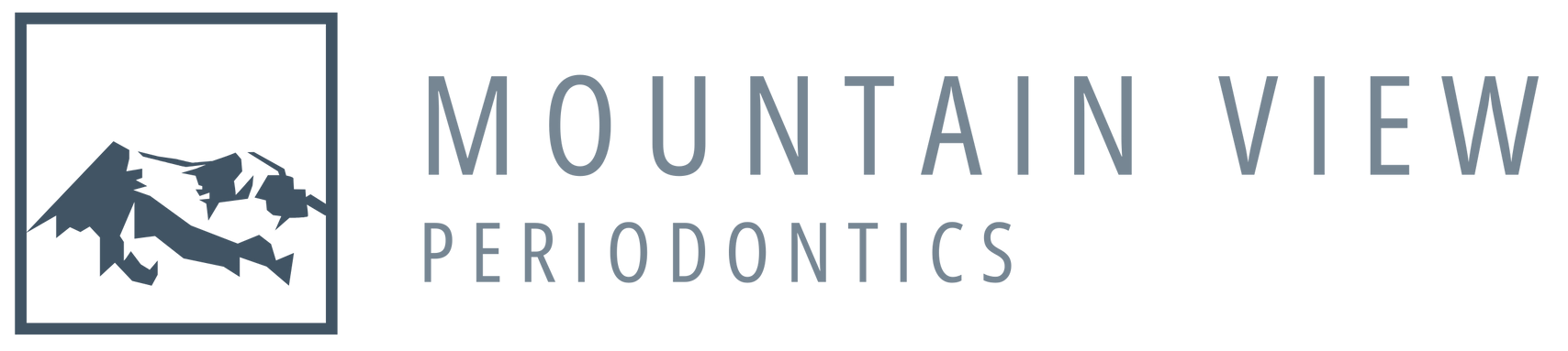 A logo for mountain view periodontics with a mountain in the middle