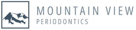 A logo for mountain view periodontics with a mountain in the middle