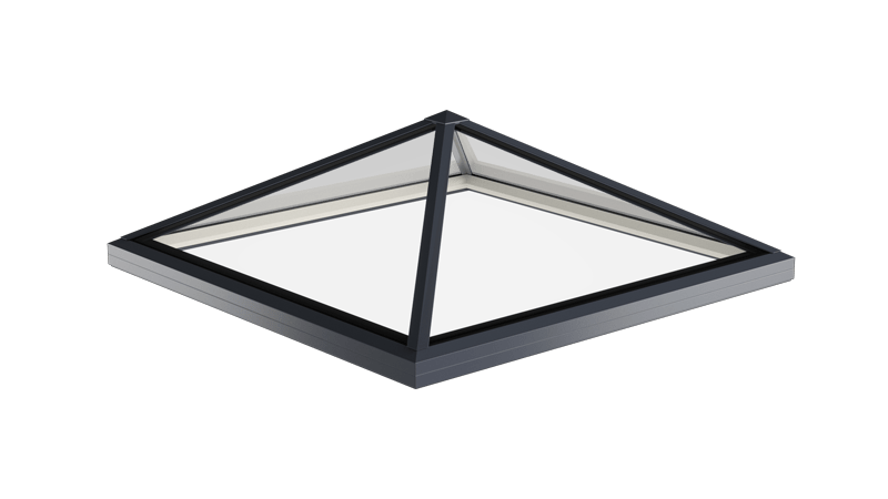 A pyramid shaped skylight with a black frame on a white background.
