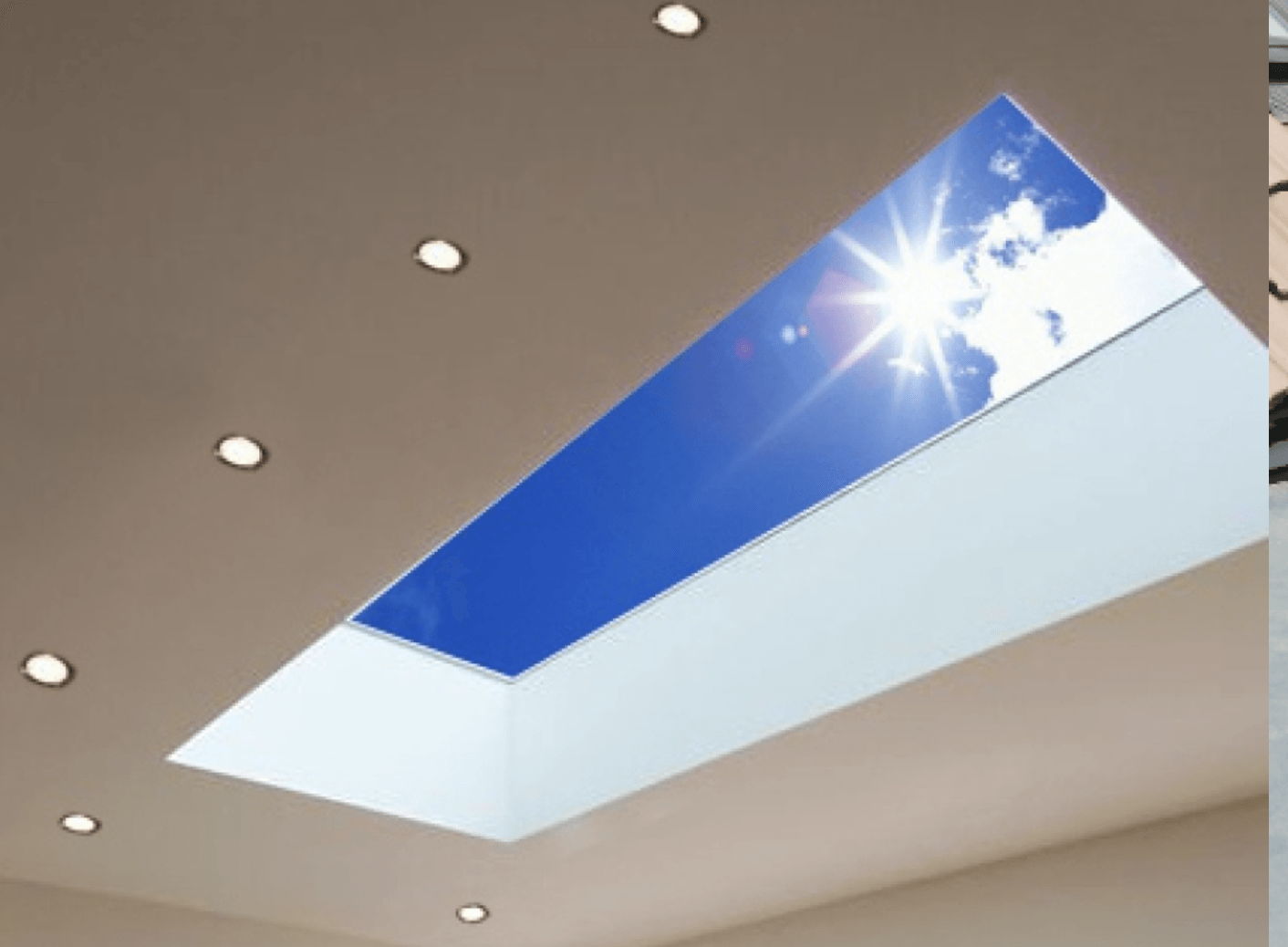 A picture of a skylight with the sun shining through it