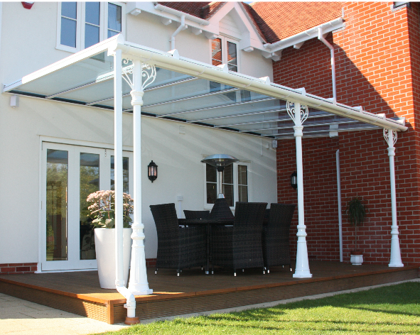 A patio with a table and chairs under a canopy