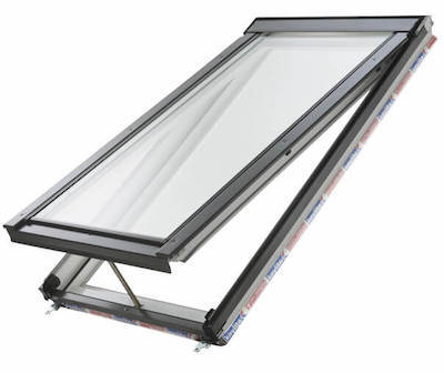 A picture of a skylight with a clear glass window on a white background.