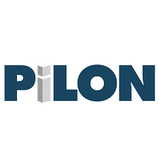 A blue and white logo for pilon on a white background.