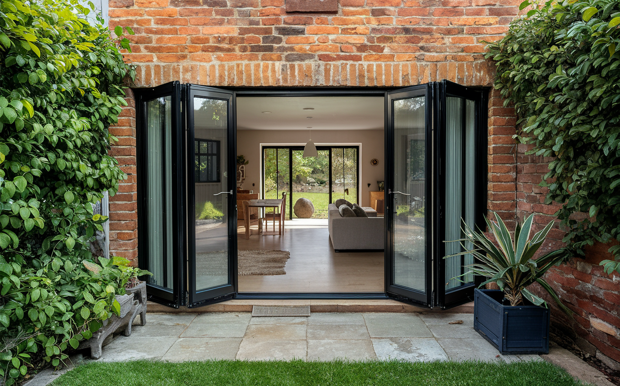 a brick house with a patio and sliding glass doors leading to a living room .