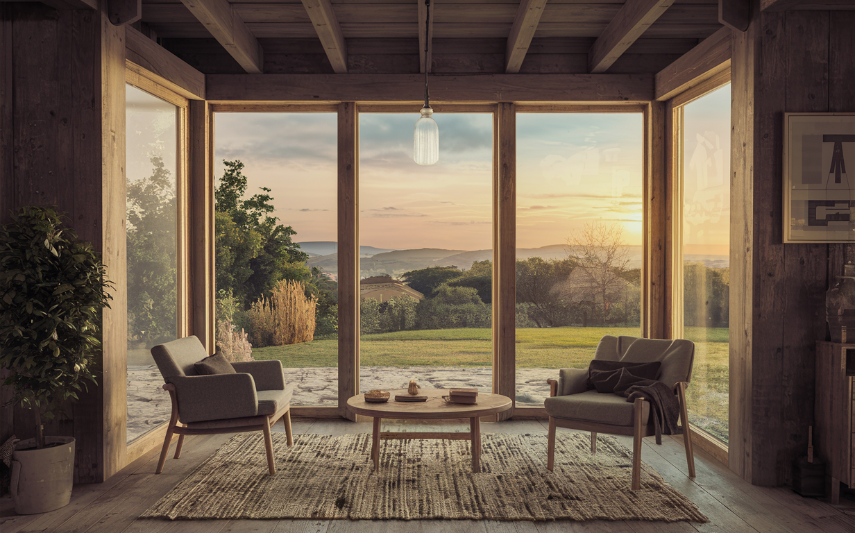 a living room with a lot of windows and a view of a field .