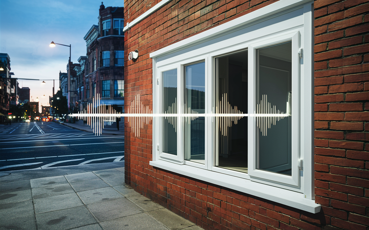 a brick building with a white window and a sound wave coming out of it .