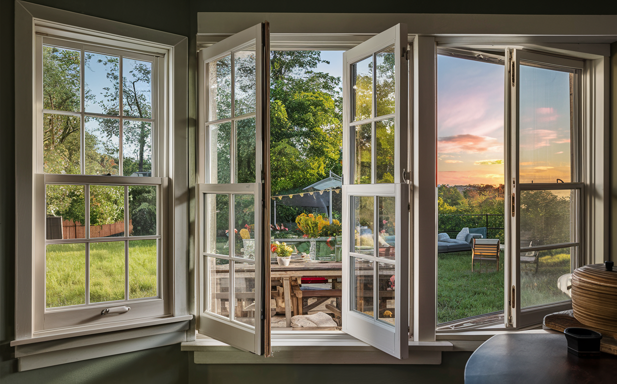 a room with two windows open and a view of a garden .