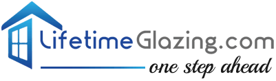 the logo for lifetime glazing.com is a blue house with a window .