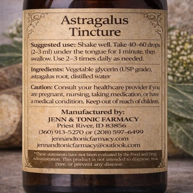 A bottle of Jenn & Tonic Farmacy’s Astragalus tincture with five circular icons highlighting its features below.
