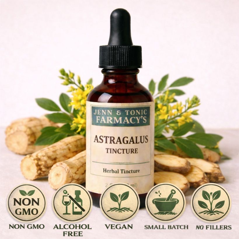 A bottle of Jenn & Tonic Farmacy’s Astragalus tincture with five circular icons highlighting its features below.
