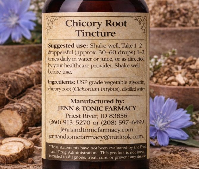 A bottle of Jenn & Tonic Farmacy Chicory Root Tincture surrounded by chicory flowers, roots, and icons for health benefits.