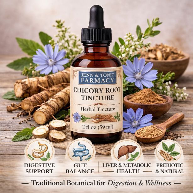 A bottle of Jenn & Tonic Farmacy Chicory Root Tincture surrounded by chicory flowers, roots, and icons for health benefits.