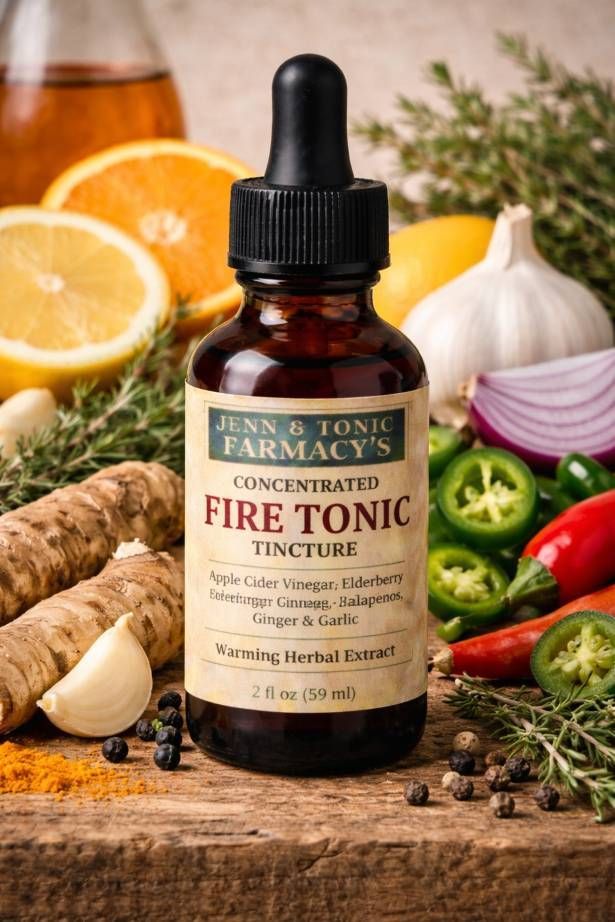 A bottle of Jenn & Tonic Farmacy’s concentrated Fire Tonic tincture surrounded by fresh herbs, garlic, and citrus.