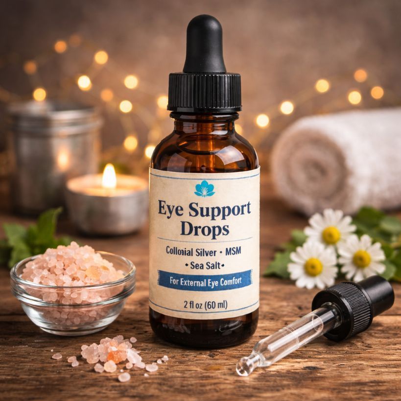 Amber glass dropper bottle labeled "Eye Support Drops" with pink salt, a candle, and daisies on a wooden surface.