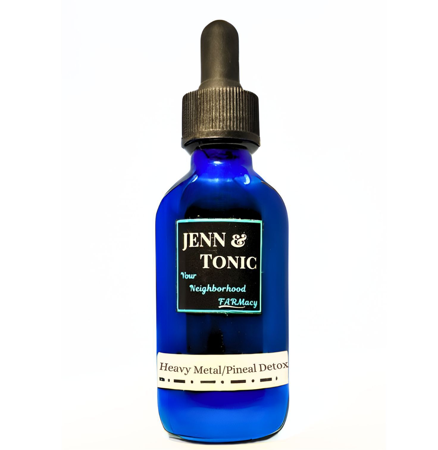 A blue bottle of jenn & tonic on a white background