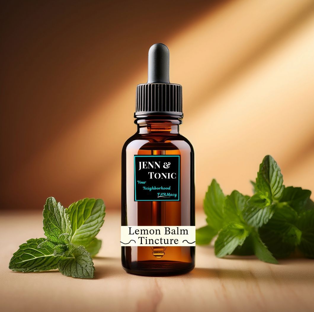 A bottle of jenn & tonic lemon balm tincture
