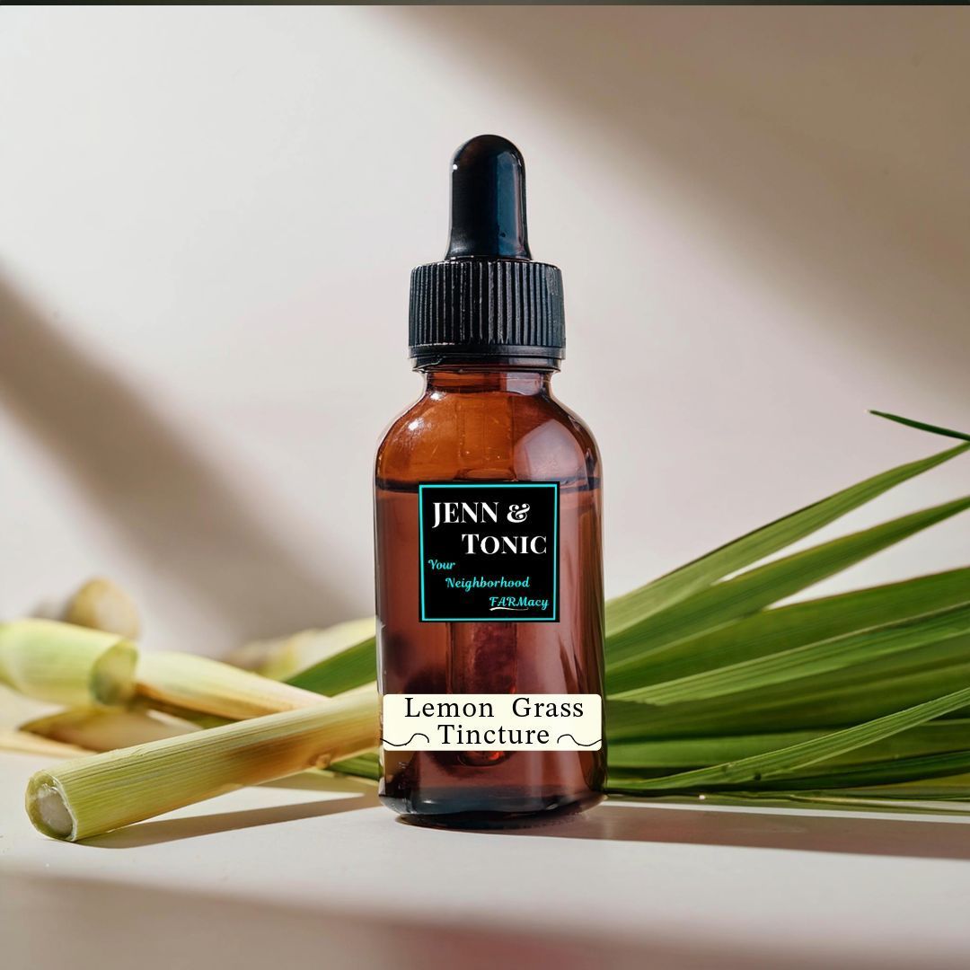 A bottle of jenn & tonic lemon grass tincture