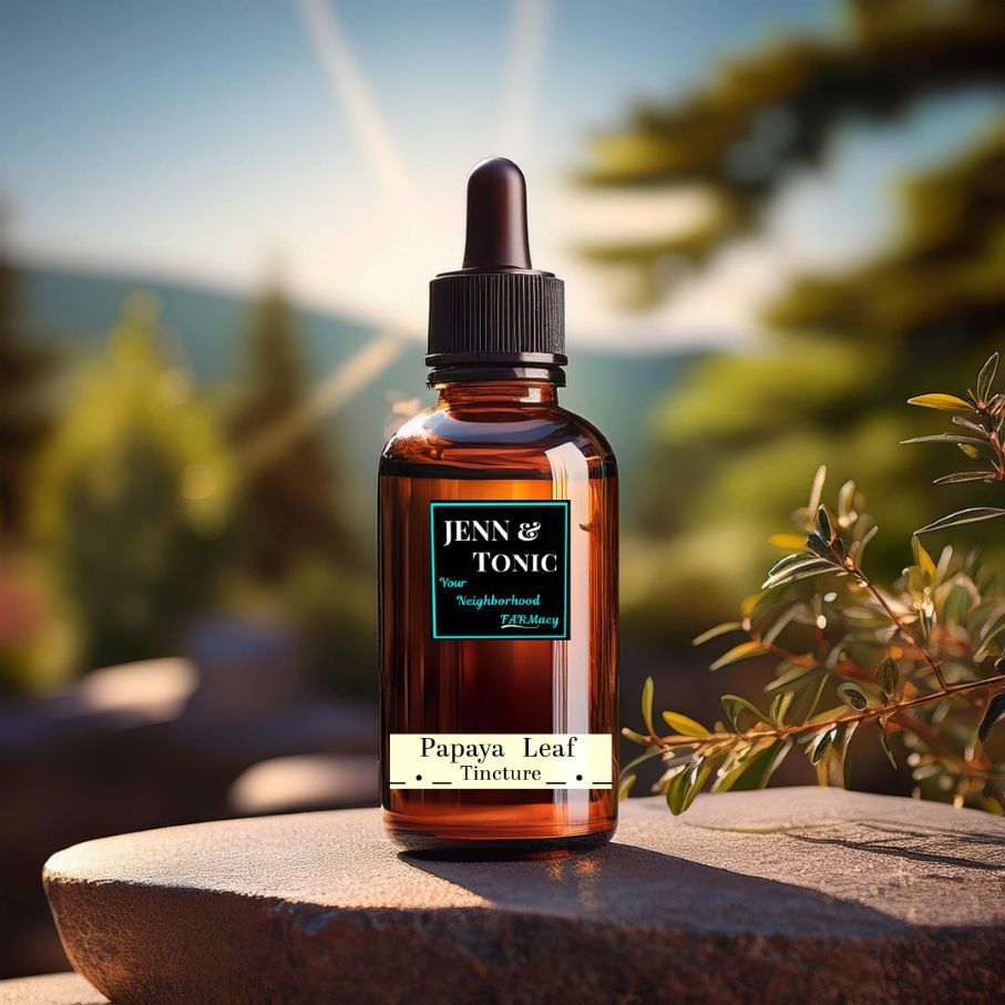 A bottle of jenn & tonic papaya leaf tincture