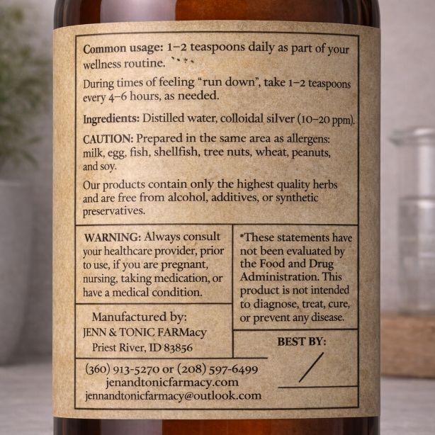 Three amber glass bottles of Jenn & Tonic Farmacy’s Colloidal Silver in varying sizes, sitting on a countertop.