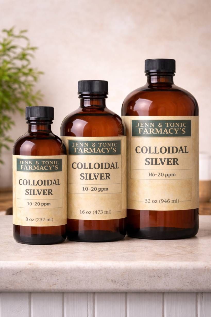 Three amber glass bottles of Jenn & Tonic Farmacy’s Colloidal Silver in varying sizes, sitting on a countertop.