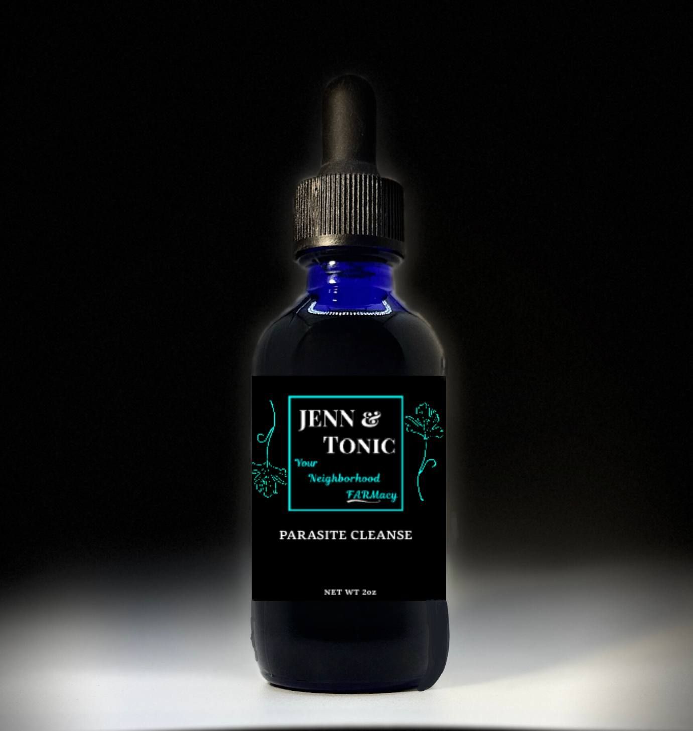 A blue bottle of jenn & tonic parasite cleanse