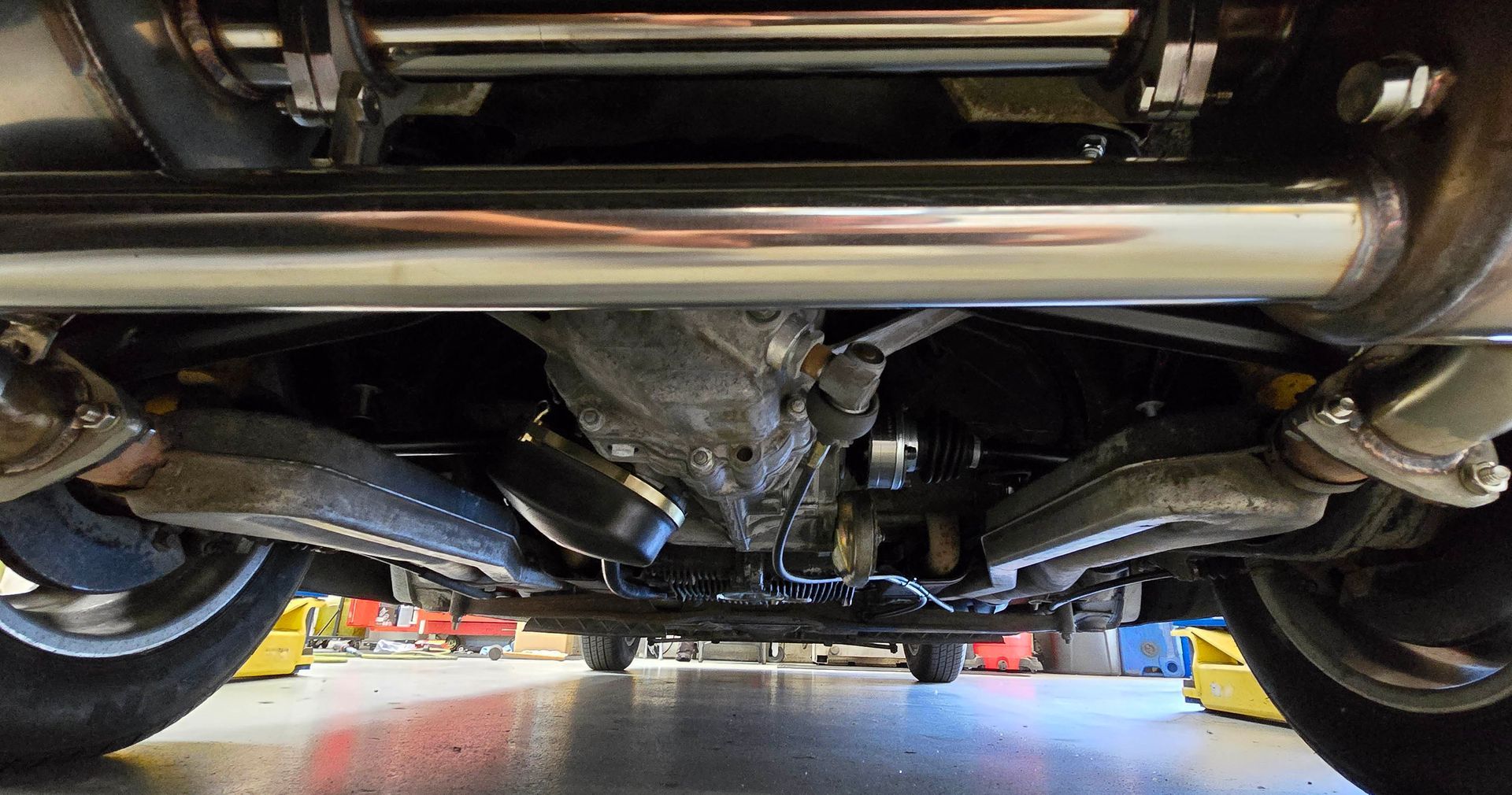 Underside of Porsche 914 with stainless exhaust installed