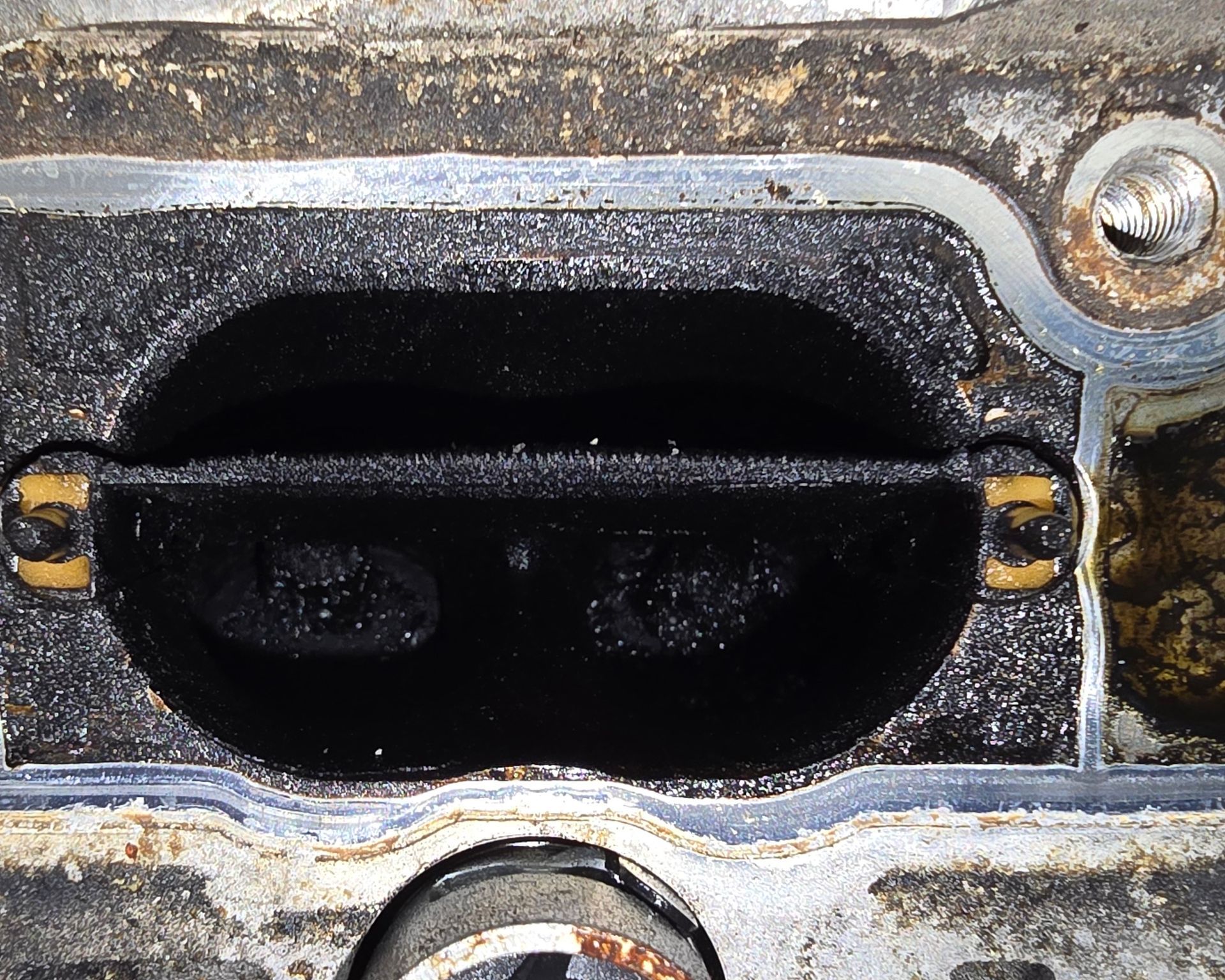 Close-up of carbon deposits in intake ports of a high-mileage 2.0T engine from a Volkswagen Golf R.