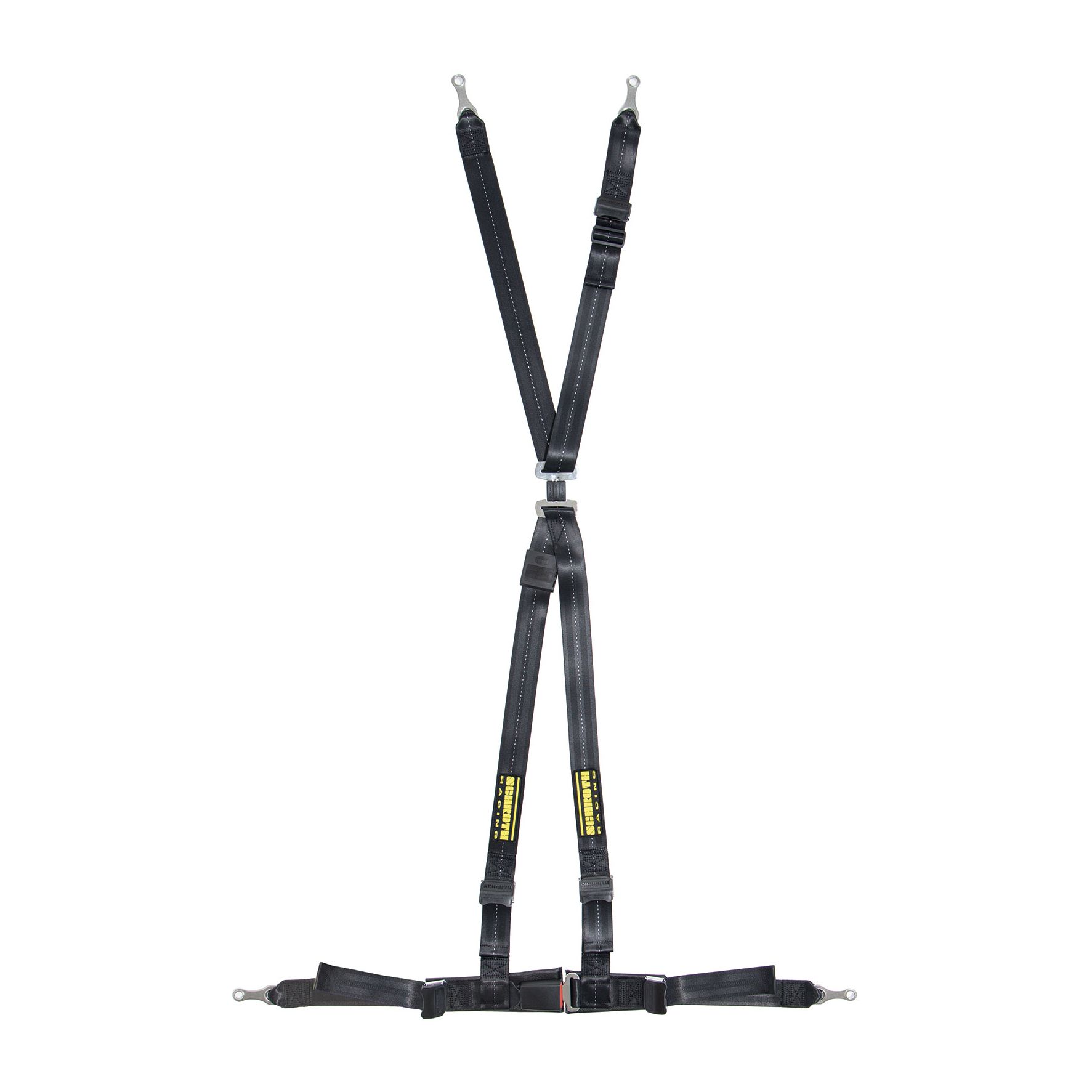 A pair of black racing seat belts with yellow letters on a white background | Griffin Motorwerke